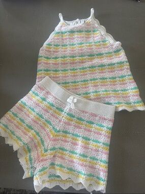 Janie and Jack White Knit Shorts with Pastel Striped Background